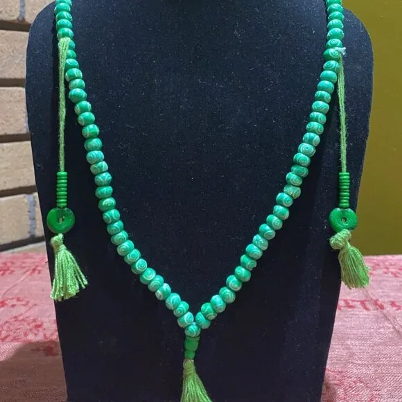 Water Buffalo Bone Etched Mandala Mala - Green - Picture 1 of 3